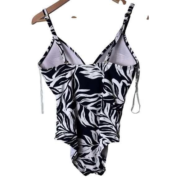 Womens One-Piece Black & White Tropical Leaf Print Swimsuit With Adjustable Stra - Picture 2 of 8